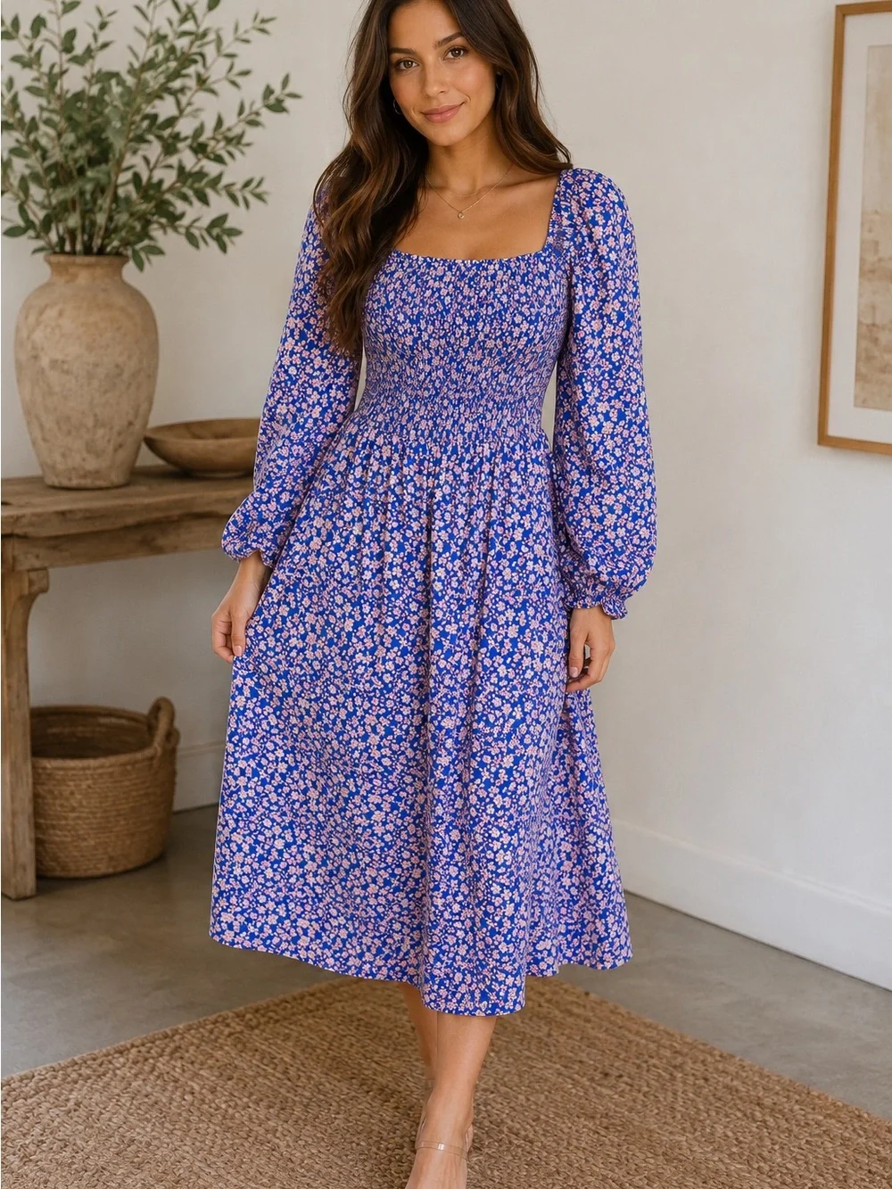J. Crew Blue Floral Smocked Square-Neck Midi Dress